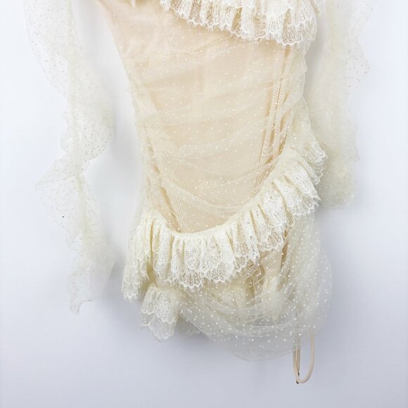 House of CB Sorrel Ivory Lace Frill Mini Dress Size M Off Shoulder Sexy Ruffles - Picture 6 of 13